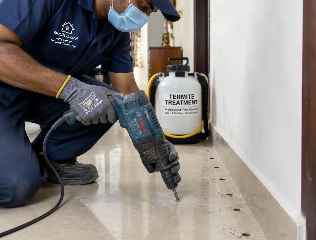 Drill-fill-seal anti-termite treatment along a floor edge